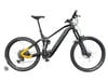Ein schwarzes Mountain-E-Bike mit Federung und gelben Rahmendetails.
