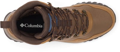 Draufsicht auf einen braunen Wanderschuh mit Schnürsenkeln und Columbia-Logo. Draufsicht auf einen braunen Wanderschuh mit Schnürsenkeln und Columbia-Logo.