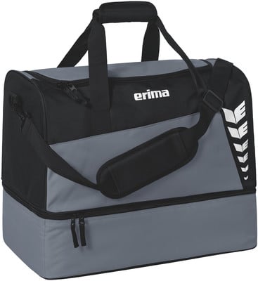 Schwarze und graue Erima Sporttasche mit Logo und unterem Fach.