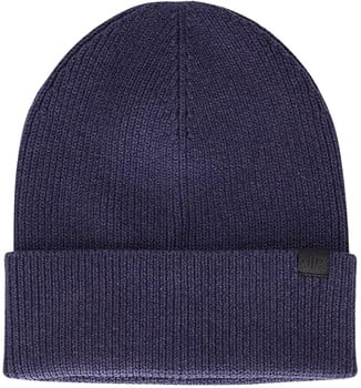 Dunkelblaue Strickmütze mit Umschlag und schwarzem Label.