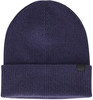 Dunkelblaue Strickmütze mit Umschlag und schwarzem Label.