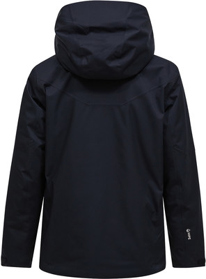 Rückansicht einer dunkelblauen Winterjacke mit Kapuze und Logo am Ärmel.