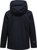 Rückansicht einer dunkelblauen Winterjacke mit Kapuze und Logo am Ärmel.