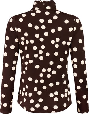Braunes Langarmshirt mit weißen Punkten und Rüschenkragen. Braunes Langarmshirt mit weißen Punkten und Rüschenkragen.