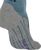 Graue Socke mit blauen Streifen und Logo, Detailaufnahme.