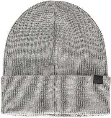 Graue Strickmütze mit Umschlag und schwarzem Logo. Graue Strickmütze mit Umschlag und schwarzem Logo.
