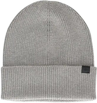 Graue Strickmütze mit Umschlag und schwarzem Logo.