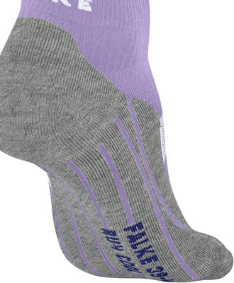 Graue und lila Socke mit FALKE-Logo und Streifen. Graue und lila Socke mit FALKE-Logo und Streifen.