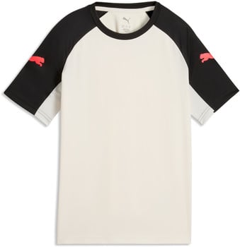 Cremefarbenes T-Shirt mit schwarzen Ärmeln und pinkem Puma-Logo.