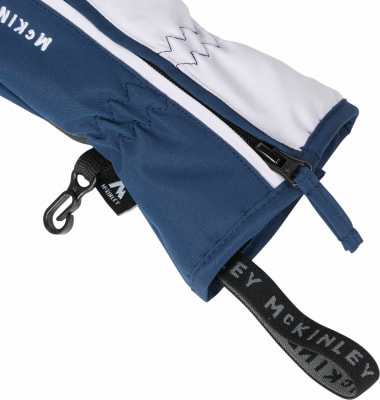 Blaue und weiße McKinley-Handschuhe mit Reißverschluss und Schlaufe.