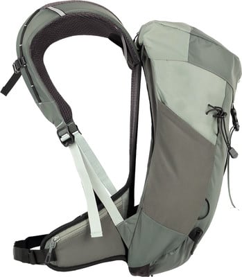 Ein grüner Rucksack mit gepolsterten Schultergurten und Hüftgurt.