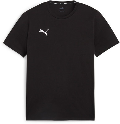 Schwarzes Puma-T-Shirt mit weißem Logo auf der Brust. Schwarzes Puma-T-Shirt mit weißem Logo auf der Brust.