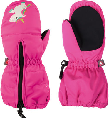 Rosa Fäustlinge mit Einhorn-Motiv und durchgehendem Reißverschluss.