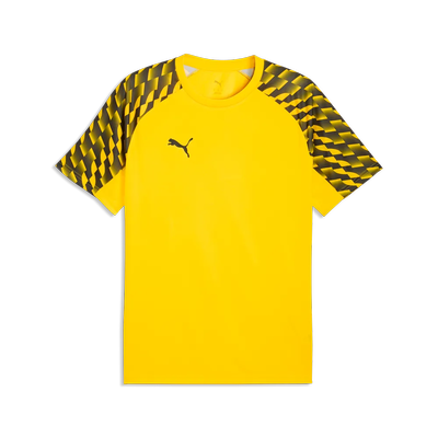 Gelbes T-Shirt mit schwarzem Muster an den Ärmeln und Puma-Logo. Gelbes T-Shirt mit schwarzem Muster an den Ärmeln und Puma-Logo.
