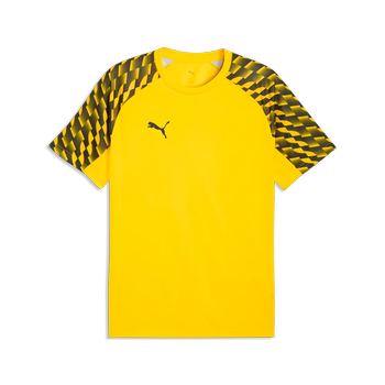 Gelbes T-Shirt mit schwarzem Muster an den Ärmeln und Puma-Logo.
