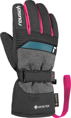 Schwarze Reusch Skihandschuhe mit pinken Akzenten und GORE-TEX Technologie. Schwarze Reusch Skihandschuhe mit pinken Akzenten und GORE-TEX Technologie.
