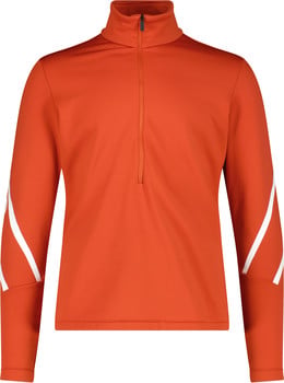 Orange Herren-Pullover mit weißen Streifen an den Ärmeln und kurzem Reißverschluss.