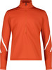 Orange Herren-Pullover mit weißen Streifen an den Ärmeln und kurzem Reißverschluss.