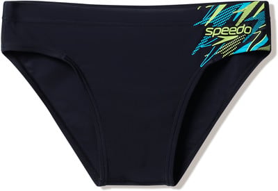 Čierne plavky Speedo s modro-zelenou potlačou na boku. Čierne plavky Speedo s modro-zelenou potlačou na boku.