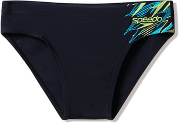 Černé plavky Speedo s modro-zeleným grafickým potiskem na boku.
