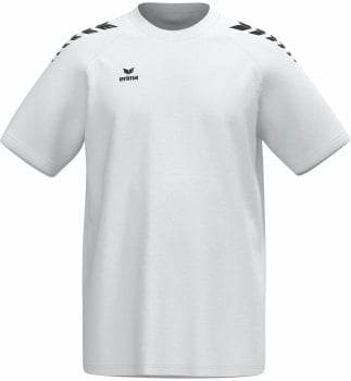 Weißes T-Shirt mit kurzen Ärmeln und schwarzen Streifen an den Schultern.