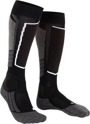Schwarze Skisocken mit grauen Details und weißen Streifen. Schwarze Skisocken mit grauen Details und weißen Streifen.
