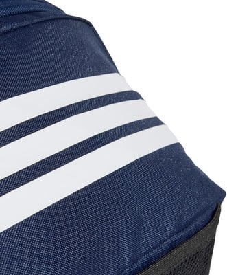 Dunkelblaue Tasche mit weißen Streifen und schwarzem Netz.