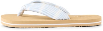 Sandfarbene Flip-Flops mit gestreiftem Textilriemen in Blau- und Weißtönen. Sandfarbene Flip-Flops mit gestreiftem Textilriemen in Blau- und Weißtönen.