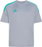Graues Adidas-T-Shirt mit türkisfarbenem Logo und Schulterstreifen.