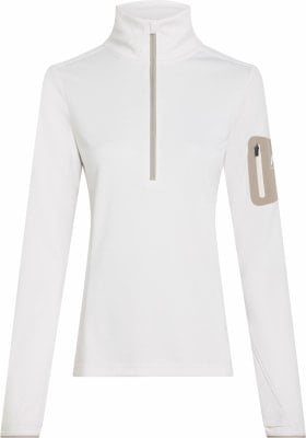 Weißes Damen-Langarmshirt mit kurzem Reißverschluss am Kragen. Weißes Damen-Langarmshirt mit kurzem Reißverschluss am Kragen.