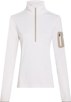 Weißes Damen-Langarmshirt mit kurzem Reißverschluss am Kragen.