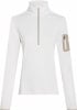 Weißes Damen-Langarmshirt mit kurzem Reißverschluss am Kragen.
