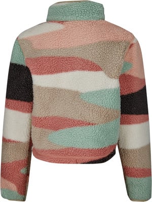 Rückansicht einer Fleecejacke mit buntem Muster in Rosa- und Grüntönen.