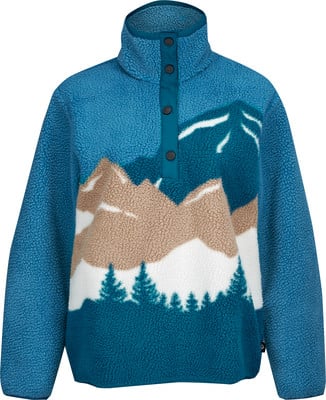 Blaue Fleecejacke mit Berg- und Baumdruck, mit Druckknöpfen.