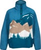 Blaue Fleecejacke mit Berg- und Baumdruck, mit Druckknöpfen.