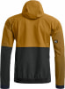 Rückansicht einer Herrenjacke mit Kapuze in Braun und Schwarz.