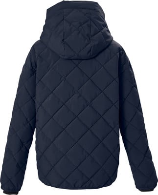 Rückansicht einer dunkelblauen gesteppten Jacke mit Kapuze.