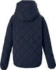 Rückansicht einer dunkelblauen gesteppten Jacke mit Kapuze.