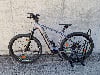 Ein graues Genesis E-Bike mit Federung und breiten Reifen steht auf einem Pflasterstein.
