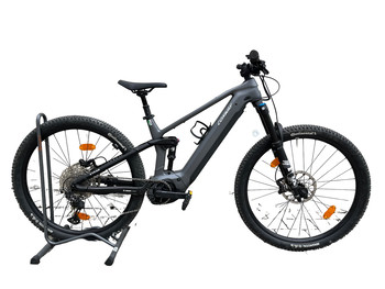 Graues E-Mountainbike auf einem Ständer mit Federung vorne und hinten.