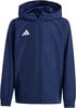 Dunkelblaue Adidas-Jacke mit Kapuze und Logo auf der Brust.