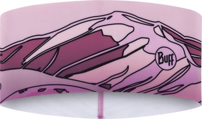Rosa Stirnband mit Bergmotiv und Buff-Logo. Rosa Stirnband mit Bergmotiv und Buff-Logo.