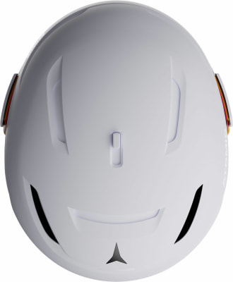 Ein weißer Skihelm mit Atomic-Logo und farbigen Details. Ein weißer Skihelm mit Atomic-Logo und farbigen Details.