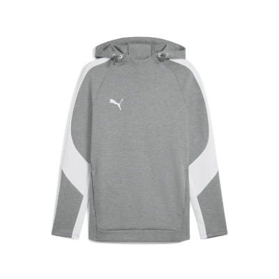 Grauer Kapuzenpullover mit weißen Streifen an den Seiten und Puma-Logo. Grauer Kapuzenpullover mit weißen Streifen an den Seiten und Puma-Logo.