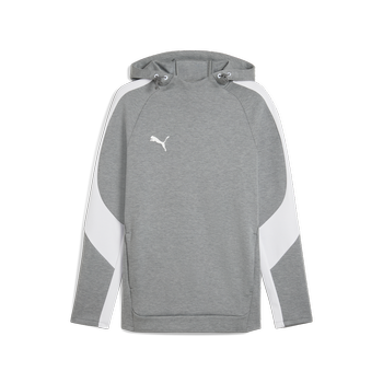 Grauer Kapuzenpullover mit weißen Streifen an den Seiten und Puma-Logo.