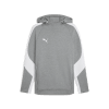 Grauer Kapuzenpullover mit weißen Streifen an den Seiten und Puma-Logo.