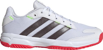 Weiße Adidas Tennisschuhe mit dunkelgrauen Streifen und pinker Sohle.
