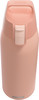 Eine rosa Wasserflasche mit silbernem Logo und praktischem Griff.