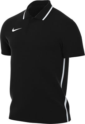 Schwarzes Nike Poloshirt mit weißem Logo und Streifen am Kragen und an den Seiten. Schwarzes Nike Poloshirt mit weißem Logo und Streifen am Kragen und an den Seiten.