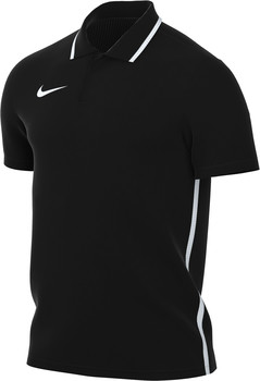 Čierne polo tričko Nike s bielym logom a pruhmi na golieri a bokoch.
